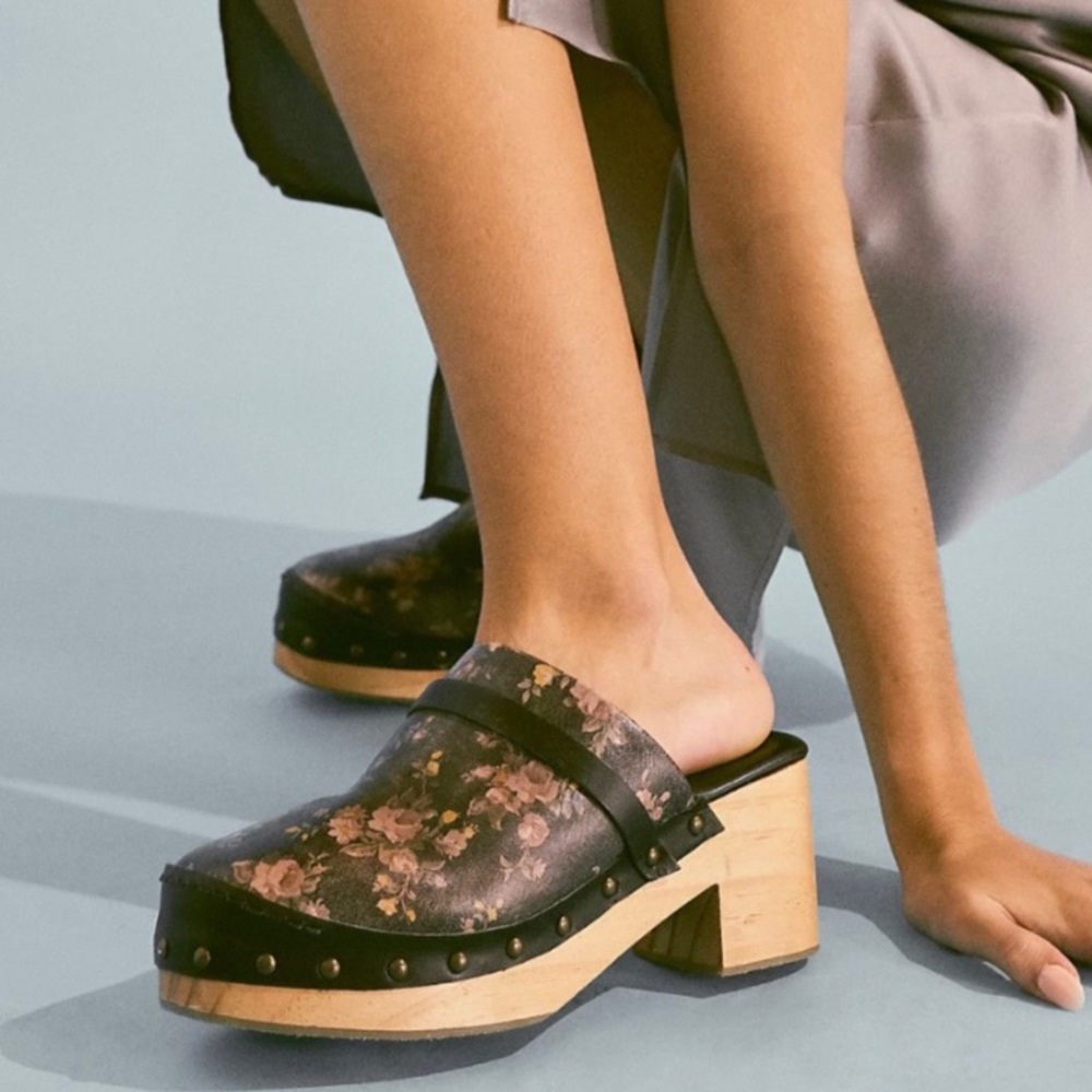 Free People Floral Leather Clogs in Black and Pink - Picture 4 of 15